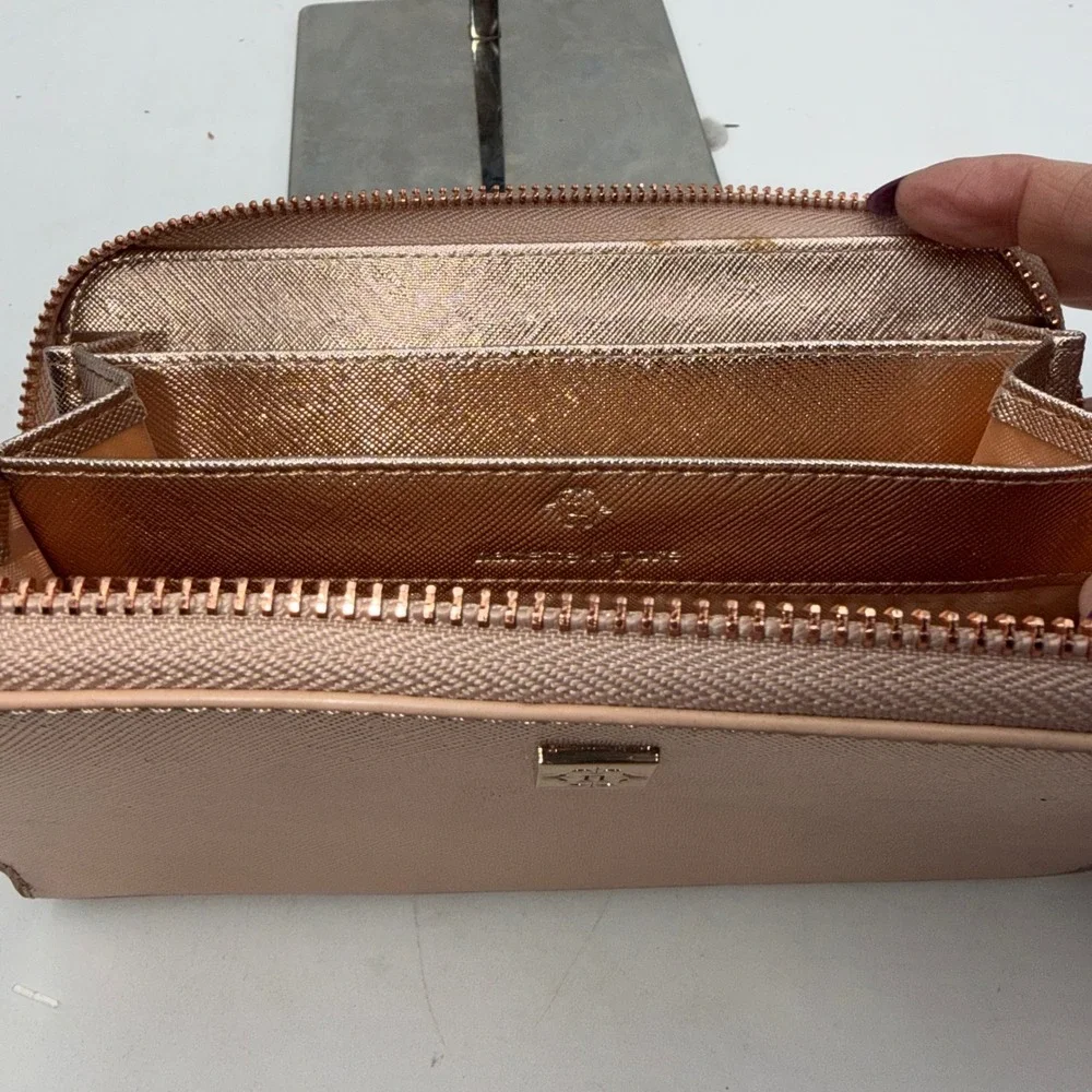 Nanette Lepore Rose Gold Metallic Crossgrain Zip Around Wristlet Wallet